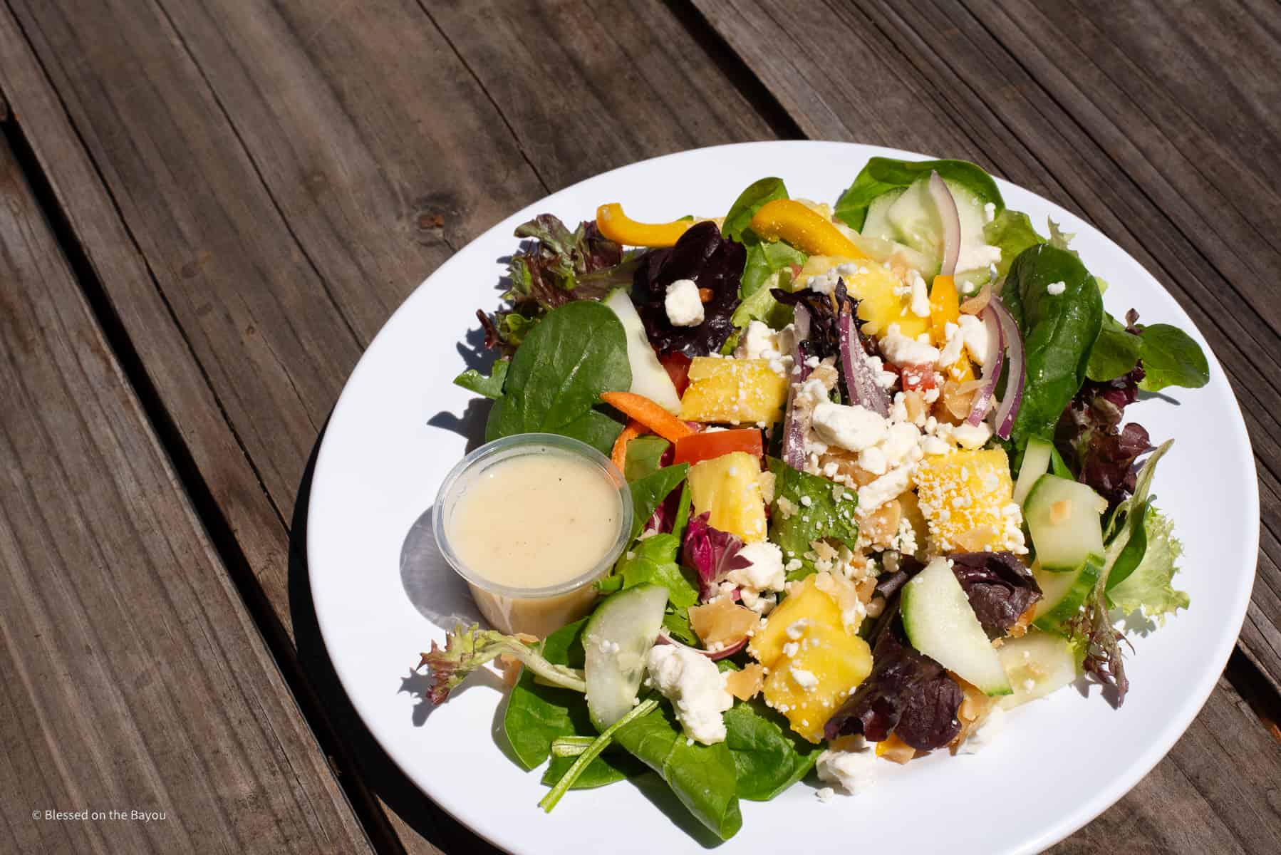 Cilantro Lime Dressing in a cup with Caribbean Salad