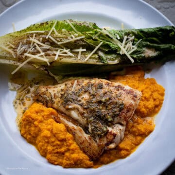 Plated pan-cooked snapper with pureed carrots and charred romaine