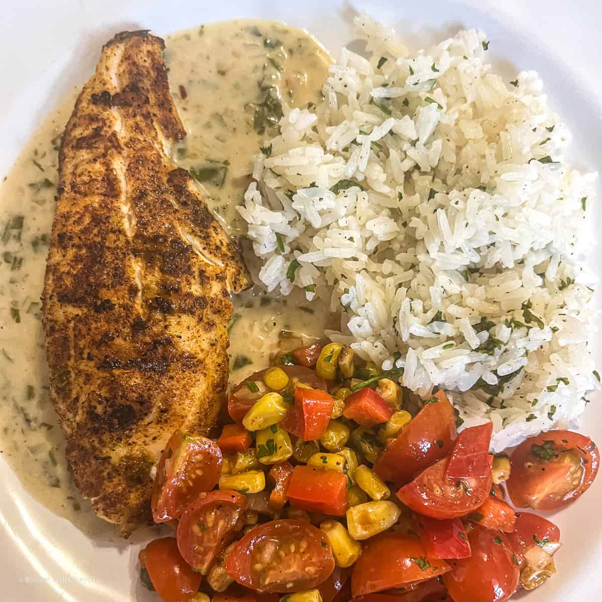 Red Snapper plated with coconut lime sauce and rice with corn salad